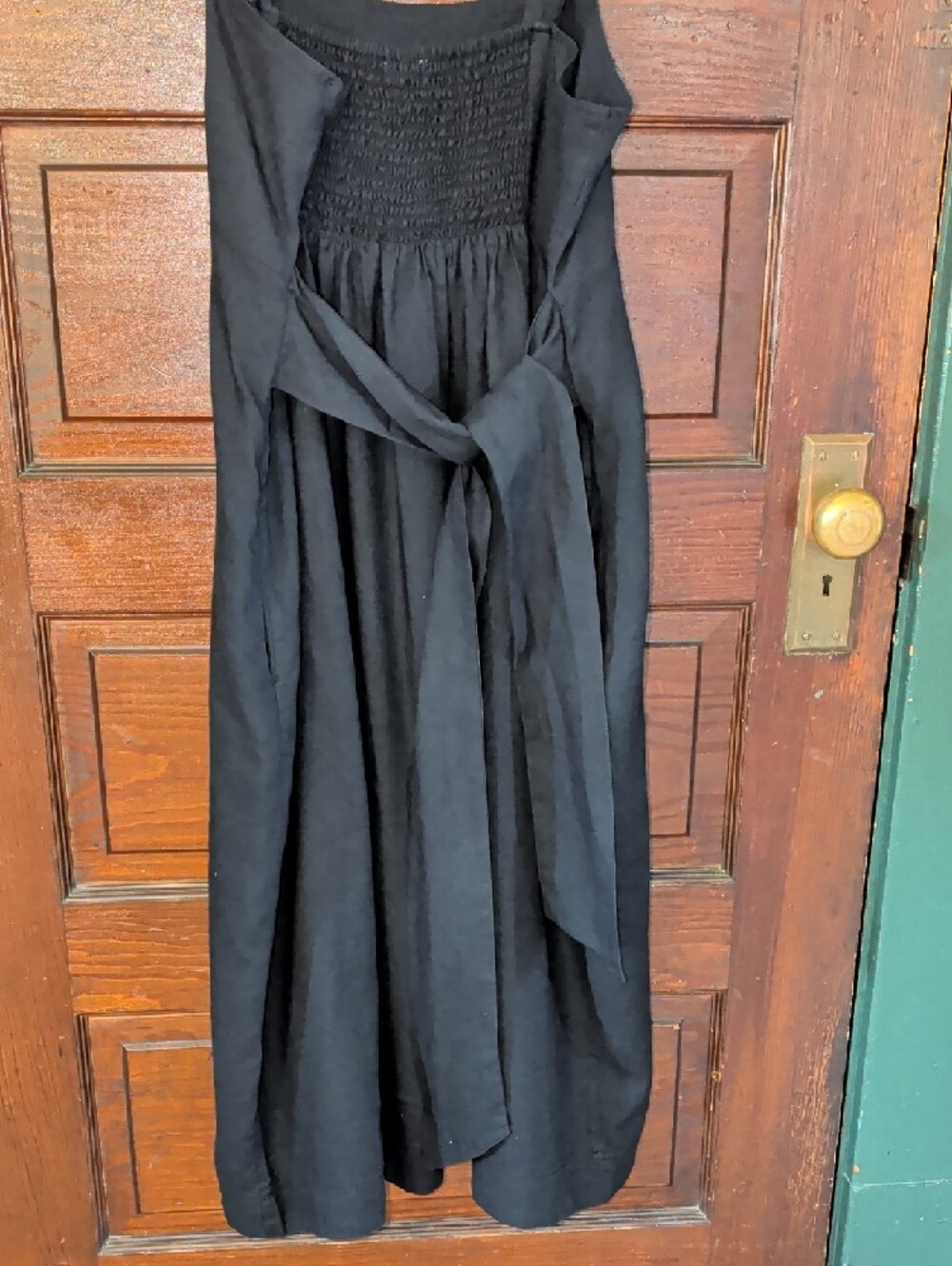 Linen Black Square-Neck Midi Milk Maid Dress Pockets Smocked Bow Pilcro L - Picture 6 of 12